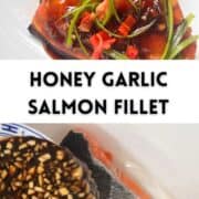 Honey Garlic Glazed salmon fish with text.