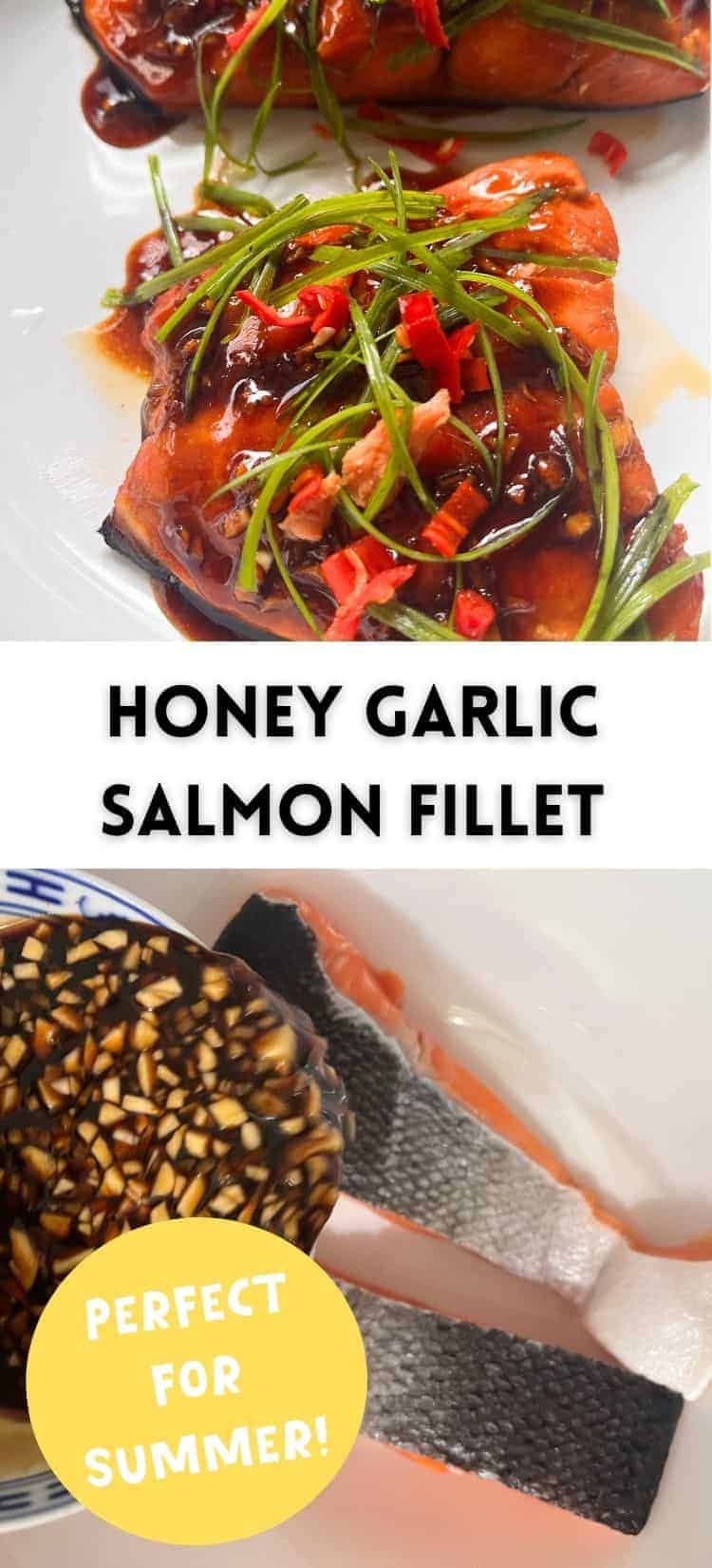 Honey Garlic Glazed salmon fish with text.