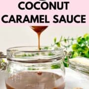 Scooping up coconut Caramel sauce with text on top.