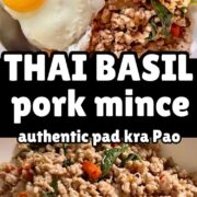 Thai Basil Pork mince and rice with text in between.