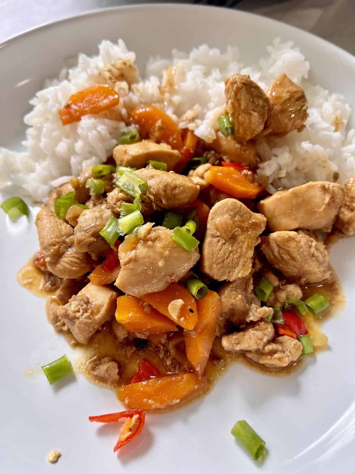 Boneless chicken adobo with rice and carrots.