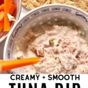 Tuna dip for crackers with carrot stick and text.