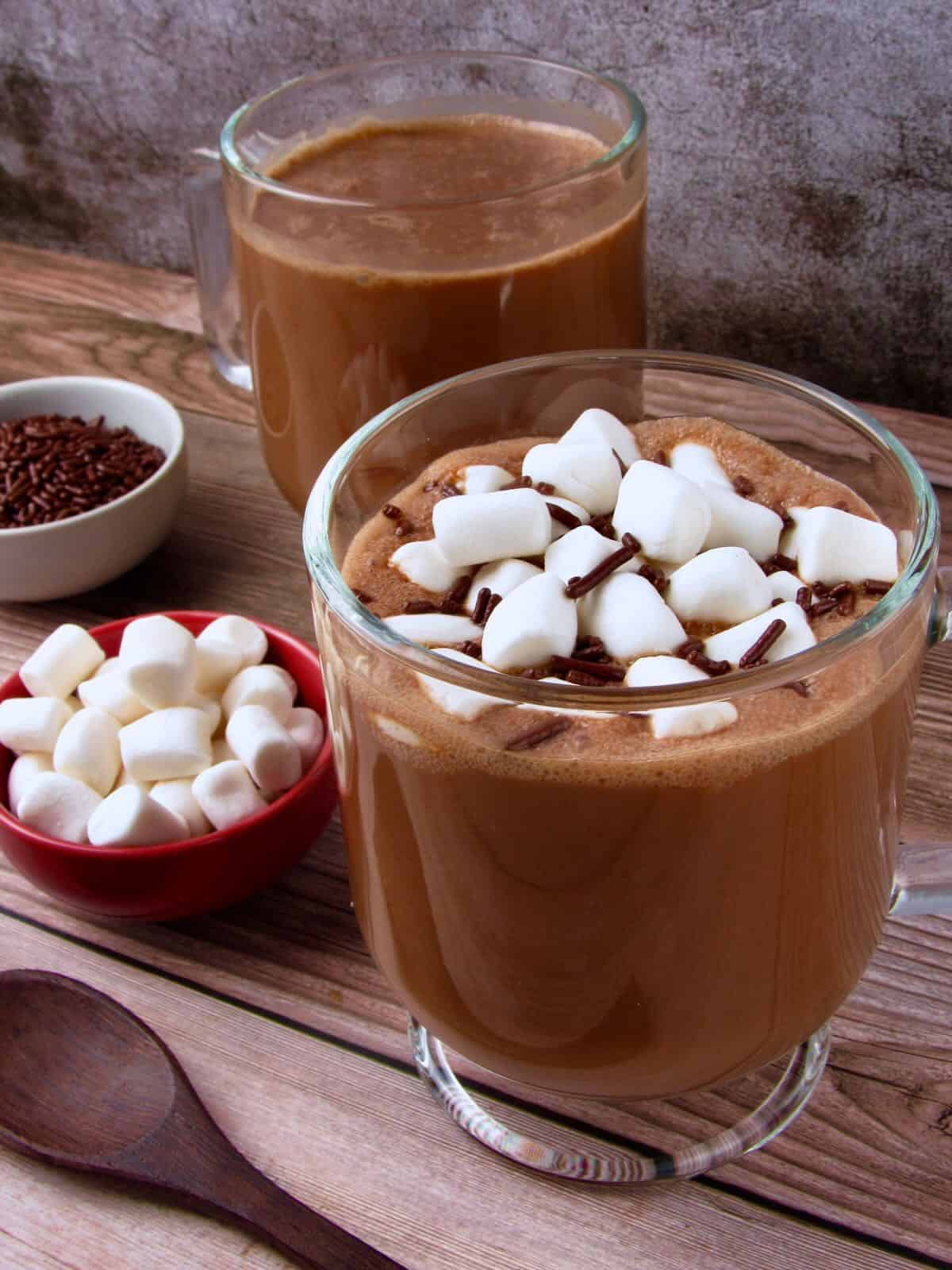 2 Cups of Hot Chocolate and marshmallows.