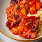 Braised tofu in a bowl.
