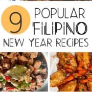 5 Filipino dishes such as Pork adobo with "popular Filipino New Year Recipes" written on it.