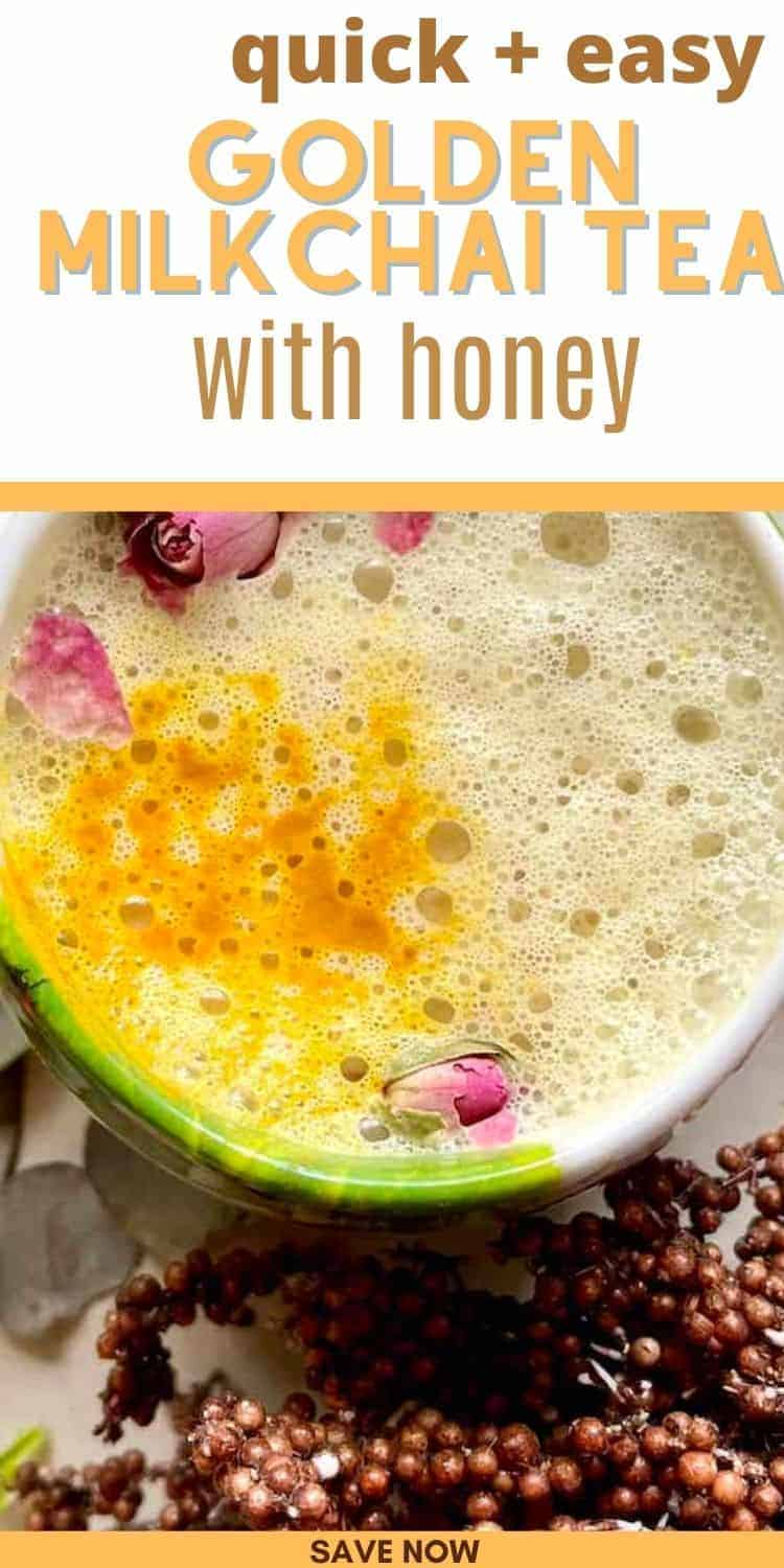 Overhead shot of turmeric chai latte with "golden milk chai tea latte" written on top.