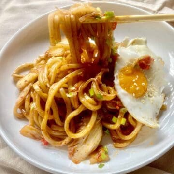 Using chopsticks to pick up udon noodles.