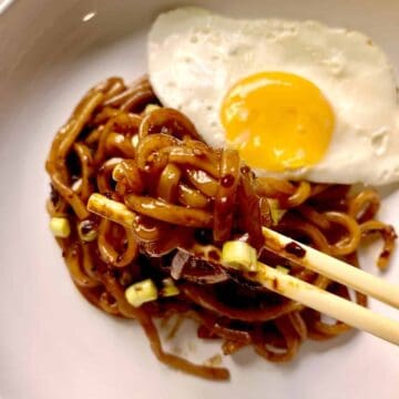 Thick udon noodles in soy sauce and chili oil with egg.