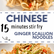 Chinese Ginger Scallion oil noodles on a white plate.