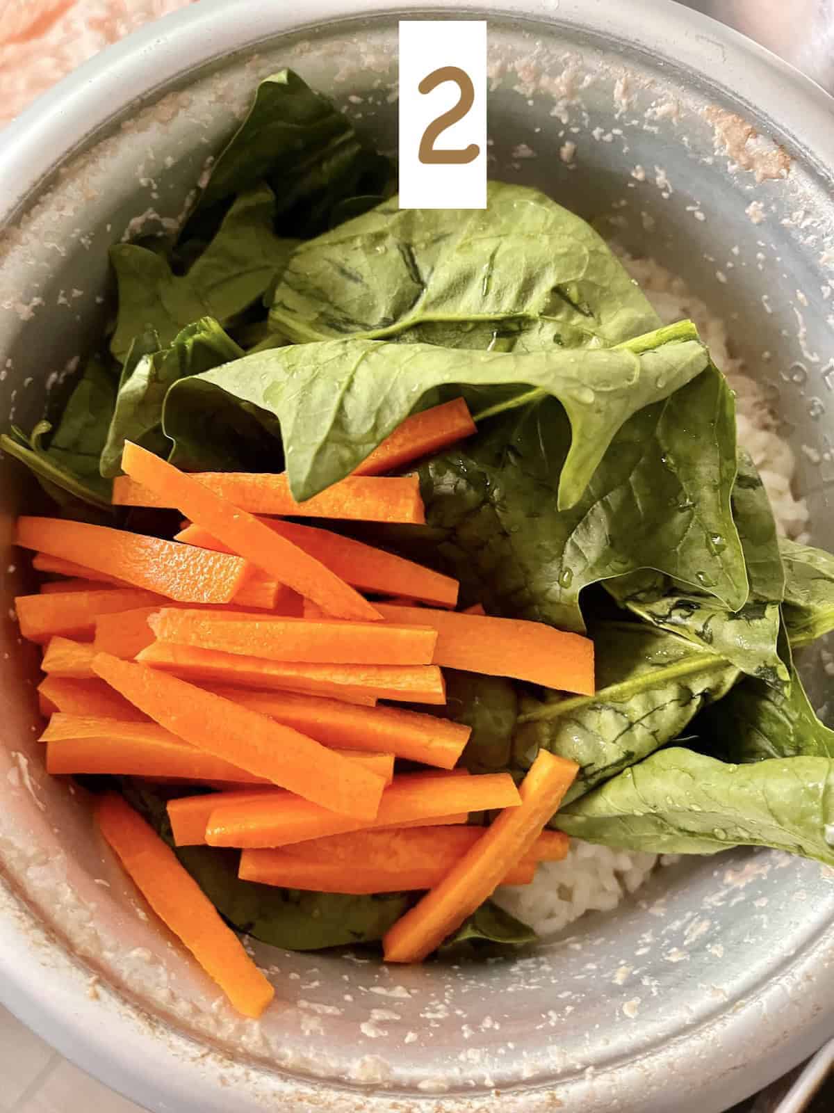 Spinach leaves and carrot sticks in rice cooker pot.