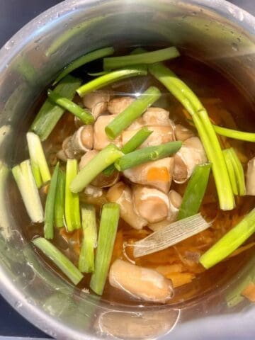 Scrap spring onions, mushroom stems, and carrot peels in a pot.