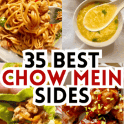 Chinese Chow Mein and Asian side dishes side by side.