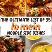 Lo Mein Spaghetti Noodles, Teriyaki Chicken, Hoisin Chicken and Egg Drop Soup with text in between.